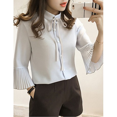 Women's Casual/Daily Simple Spring / Fall Shirt,Solid / Letter Shirt Collar Long Sleeve Blue / White Others Thin