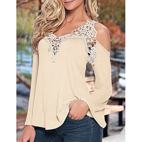 Women's Patchwork Lace Strap Off-The-Shoulder All Match Loose Casual V Neck Long Sleeve Plus Size T-shirt