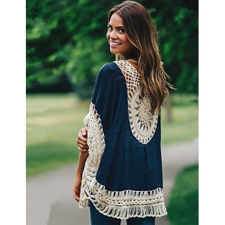 Women's Patchwork Lace Bohemian style Hollow Out Blouse,Round Neck ? Length Sleeve