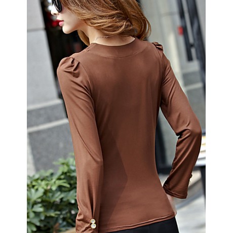 Women's Solid Red / Black / Brown Blouse,V Neck Long Sleeve