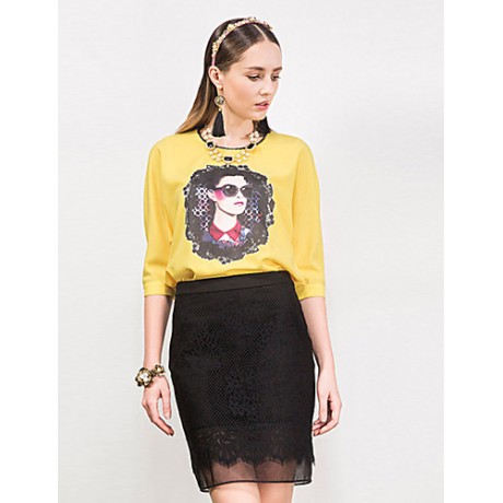 Women's Going out Street chic Spring / Fall T-shirtPrint Round NeckSleeve Yellow Polyester / Spandex Medium