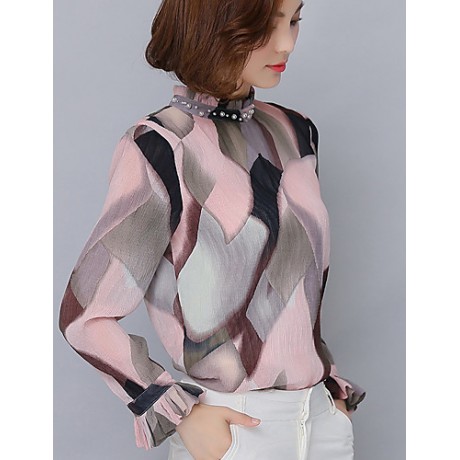 Spring Fall Go out Casual Women's Tops Fashion Wild Pink Printing Stand Collar Long Sleeve Chiffon Blouse